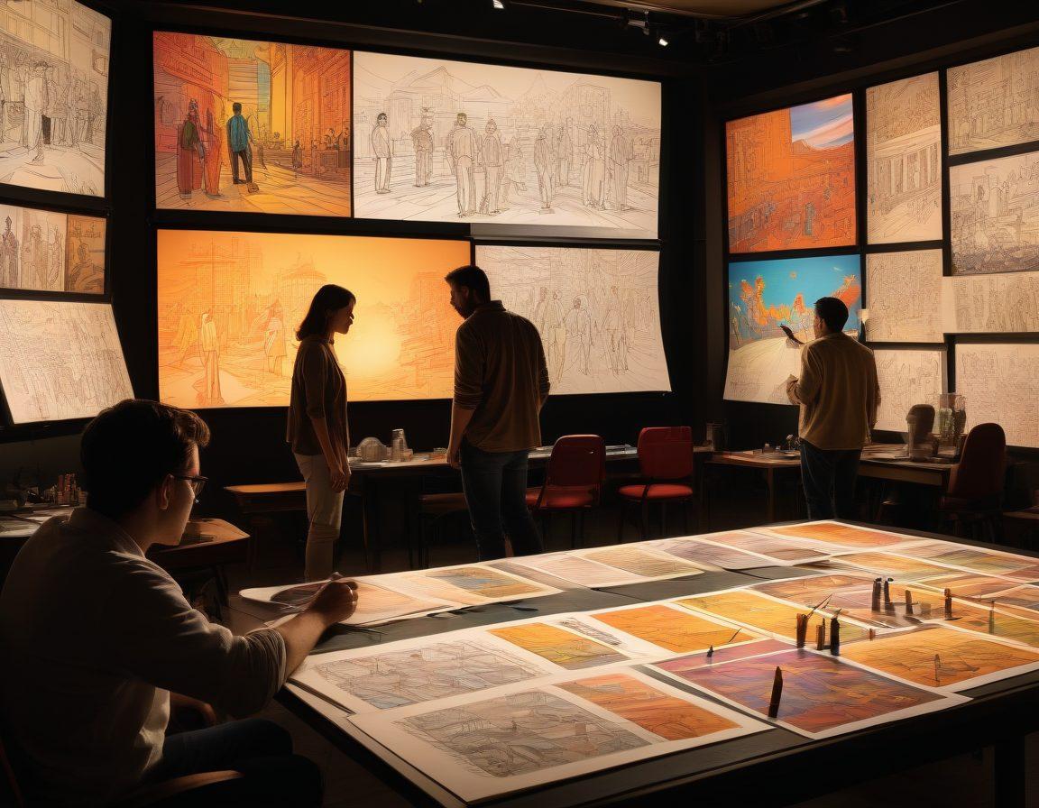 An artistic representation of a film set, featuring a vibrant storyboard with sketches of characters and scenes, surrounded by a diverse team of filmmakers discussing ideas. In the background, a large movie screen displays a colorful scene from a film. Incorporate elements like film reels and paintbrushes to symbolize the merging of visual arts and storytelling. Capture the dynamic atmosphere of creativity and collaboration. super-realistic. vibrant colors. 3D.