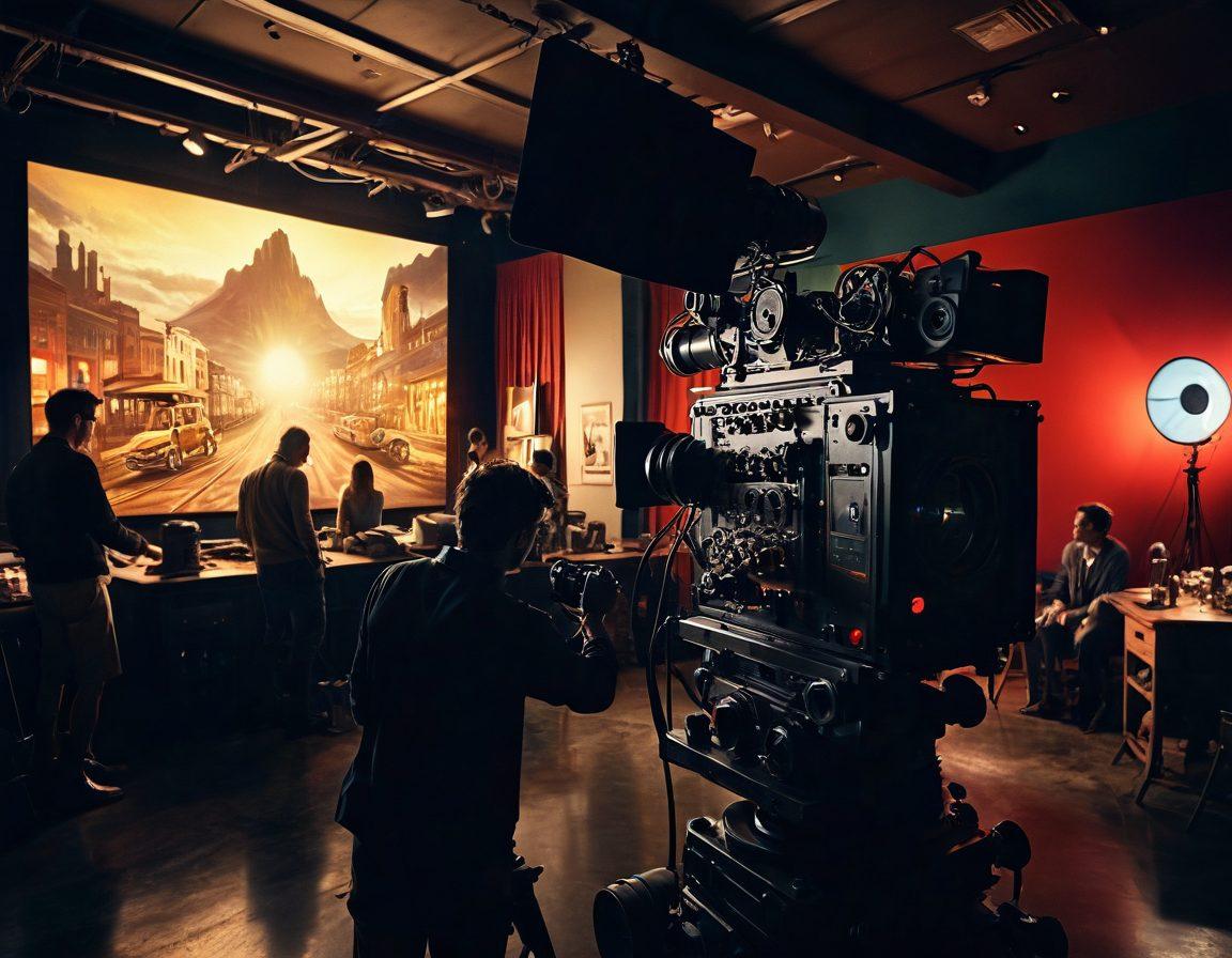 A cinematic masterpiece showcasing a film set, complete with a director analyzing shots through a camera lens, surrounded by vibrant lights and crew members adjusting equipment. In the background, film reels and storyboards are displayed, representing artistic direction. The atmosphere is filled with creativity and passion, encapsulating the essence of filmmaking. dramatic lighting. cinematic style. vibrant colors.