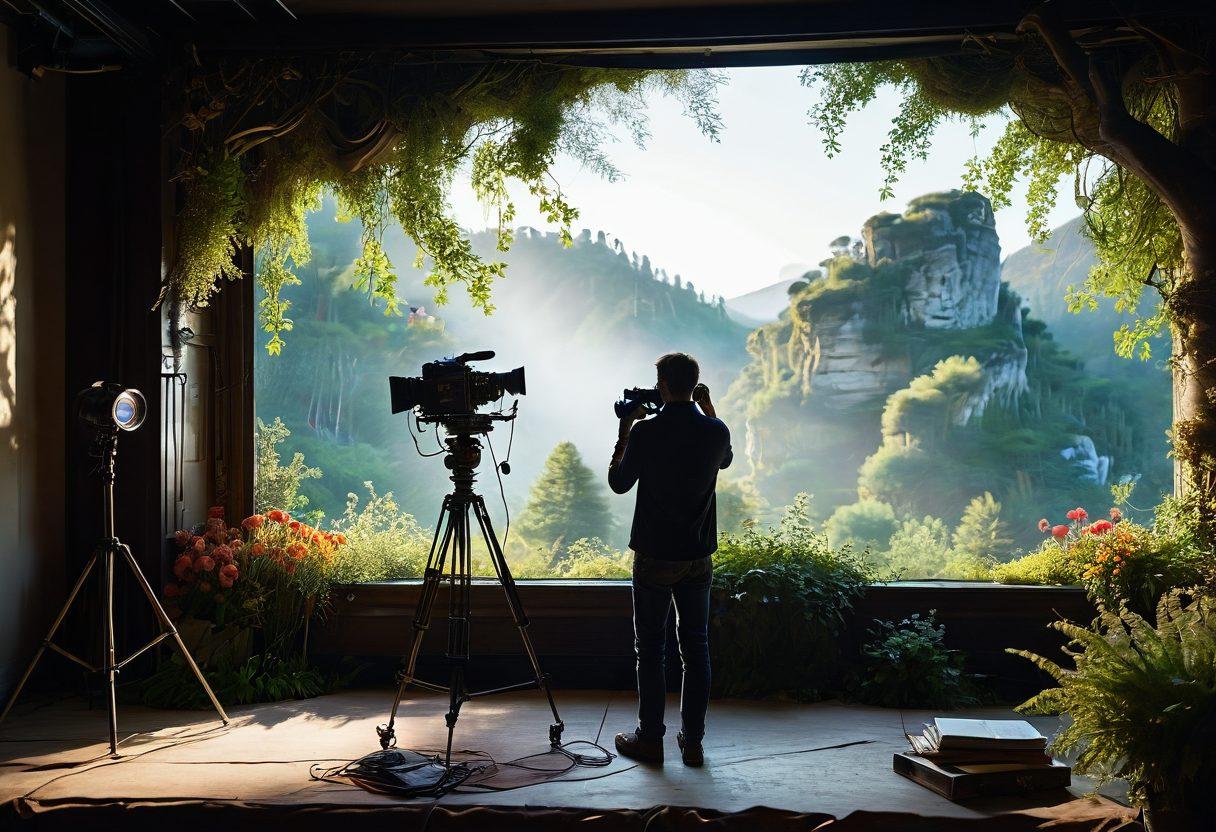A stunning blend of a film set showing a cinematographer at work, capturing a breathtaking landscape with a camera surrounded by vibrant nature. Include a combination of feature film elements, such as vintage film reels and lights, alongside documentary aspects like a notepad and filming equipment. The scene should convey creativity and inspiration, with a soft-focus effect on surrounding elements. super-realistic. vibrant colors. cinematic lighting.